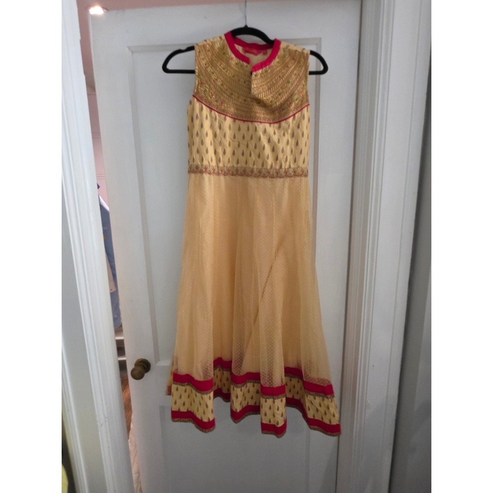 Morpankh Yellow Gold Pink Embroidered Anarkali Kurta Dress Womens XS